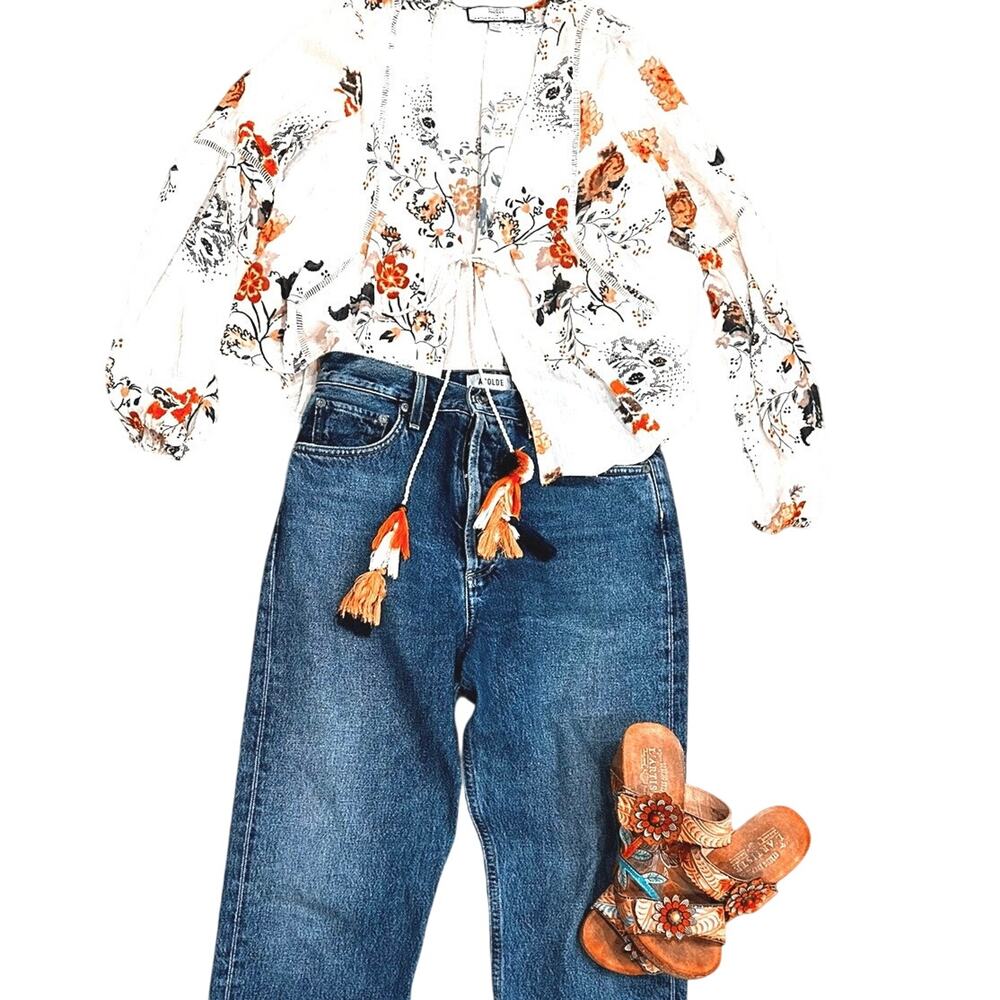 Hillary Radley Floral Sheer Boho Cottagecore Festival Peasant Blouse Tassel XS